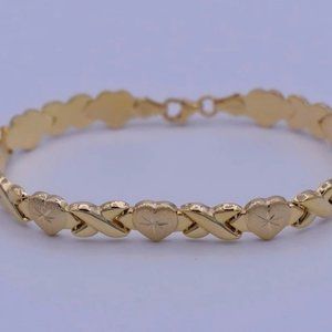 7.5" Hearts & Kisses Bracelet Stampato 14K All Yellow Gold Clad Silver XOXO 925